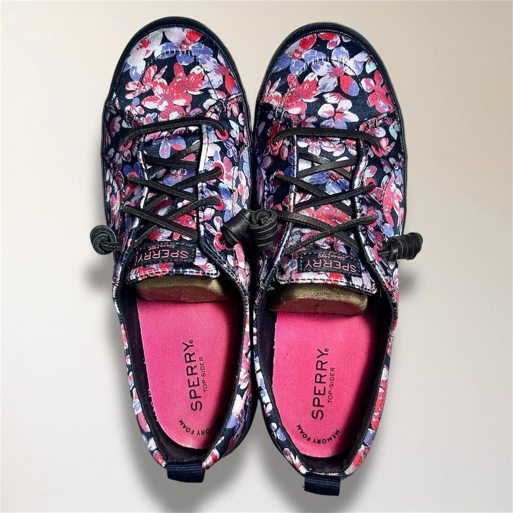 Sperry Crest Vibe 9.5 Floral Canvas Sneakers Pink Blue‎ Lace Up Casual STS87000